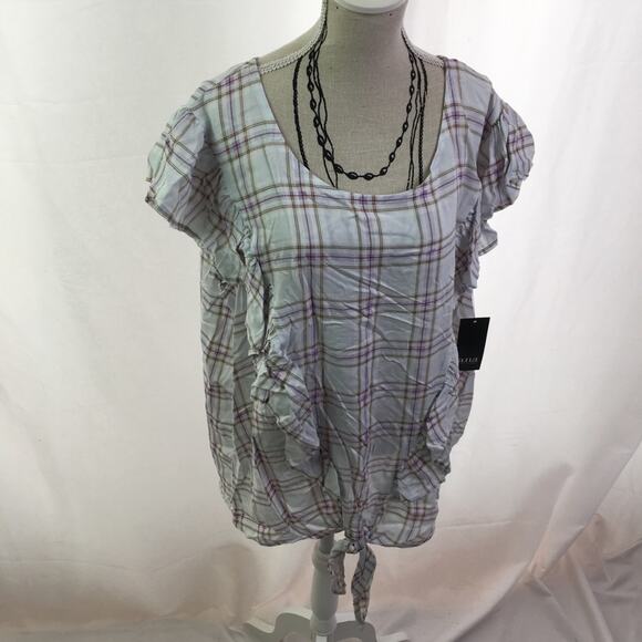 A.n.a. Ruffle short sleeve tee plaid large - Picture 2 of 16